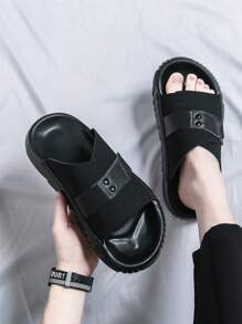 Men's Fashionable Versatile Height Increasing Slide Sandals, Thick Sole Hook-And-Loop, Summer - Black - View 5