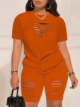 夏季纯色性感镂空T恤短裤两件套