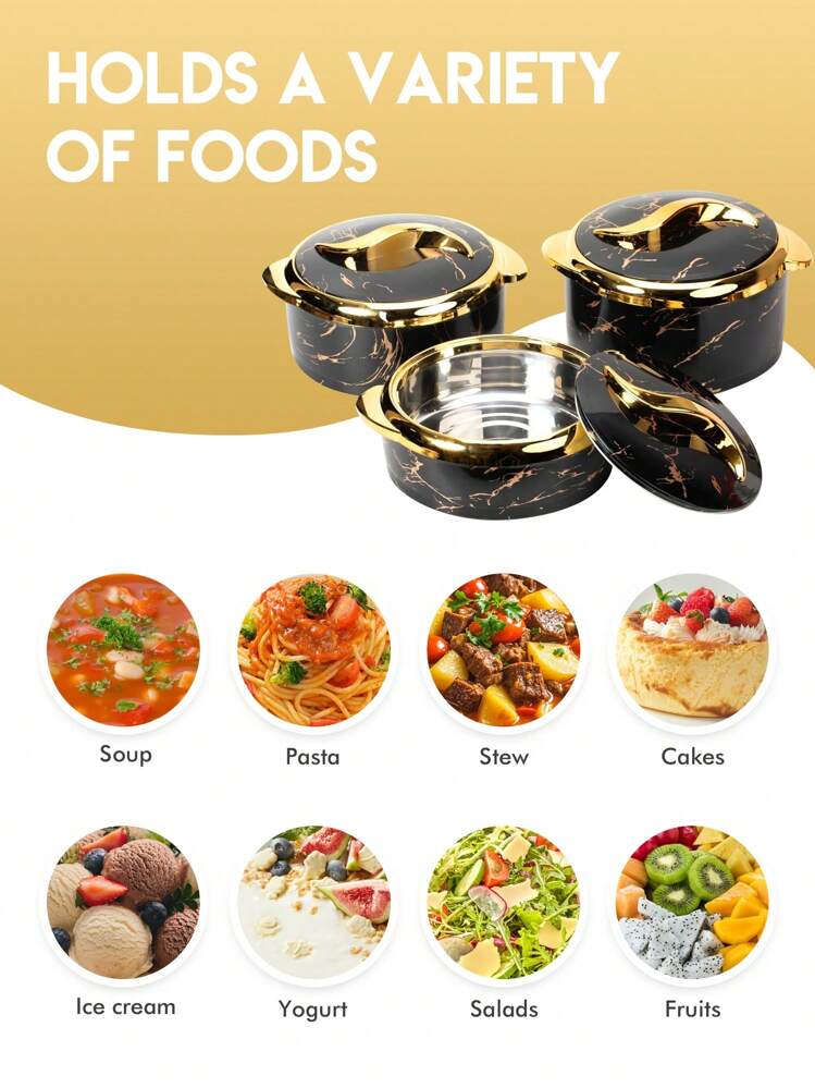 3 piezas, Calentador de alimentos Toque Dorado, Juego de platos de cazuela térmica con tapas, Recipiente aislado de acero inoxidable para alimentos calientes y fríos, Tazón de servir para bufés, Juego de ollas calientes, Juego calentador de ollas, Juego de cazuelas de vajilla, para la oficina - Negro - Añade 6