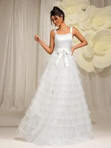 Everly L Elegant Solid Color Square Collar With Bowknot On The Front Hem Women's Tiered Mesh White Elegant Bridal Dress