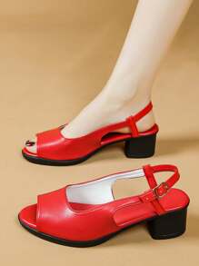 Women's Soft Leather Open Toe Chunky Heel Sandals, Summer