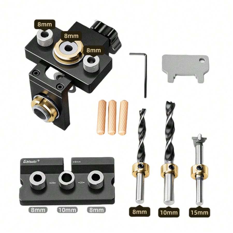 [Esenciales para trabajar la madera en 3 en 1] Kit de guía de espigas de 3 en 1: Punzón localizador ajustable de espigas de aluminio, guía de agujeros de bolsillo y herramienta de guía de taladrado de gabinetes