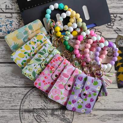 2-In-1 Fruit Print Cardholder Wallet & Silicone Bracelet Keychain Lightweight Transparent Anti-Theft Design With Cash/Card Slots Travel Essentials For Women Wallet Mini Wallet Purse Wallet Wallet Keychain Card Wallet