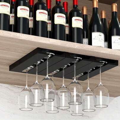 Estante colgante para copas de vino (4 unidades), para debajo del armario, sin taladrar, autoadhesivo, para colgar copas, para bar, cocina, restaurante (negro)
