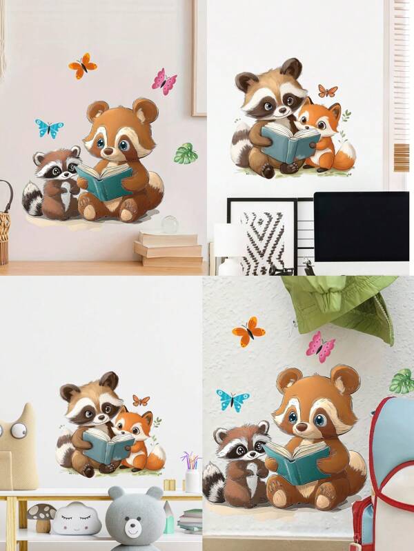 1pc Adorable Reading Animal Self-Adhesive Wall Decal - Watercolor Style Butterfly & Book-Themed PVC Wall Sticker, Glam Semi-Matte Finish, Animal Print Decor For Living Room, Bedroom - Easy Install, Stickers