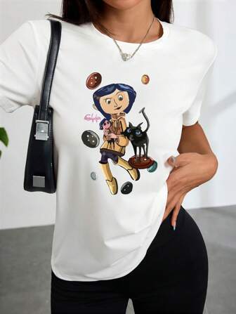 卡通猫女孩印花休闲圆领短袖T恤，简约日常穿着