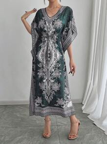 Middle Eastern Style Loose V-Neck Breathable High-End Quality Casual Reversible Elastic Waist Slimming Vacation Short Sleeve Dress, Plus Size Abaya Robe Caftan Arabian Traditional Festival Party Formal Gown
