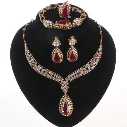 奢华金色红色水滴形水晶首饰套装，项链耳环手链戒指，女士婚礼新娘派对舞会礼服