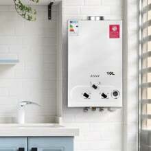 BriSunshine Calentador de Agua de Gas 10L Con Ducha Sobrealimentada, Calentador de Agua de Gas GLP Propano Butano Adecuado Para el Hogar, Vehículos Recreativos y Exteriores [Clase de eficiencia energética A]