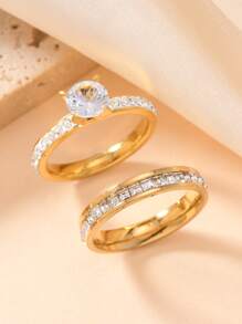 2 Stücke/Set einfache 4MM Zirkonia Dekor Edelstahl Ring für Frauen