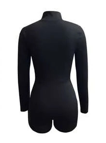 LovelyWholesale Women'S Casual Lapel Long Sleeved Zipper Solid Color Basic Romper For Spring And Summer - Black - View 8