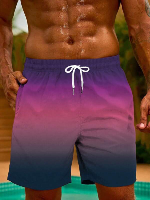 1pc Plus Size Men Gradient Color Swimming Trunks, Beach Shorts, Casual Sports Shorts, Summer Beach Shorts