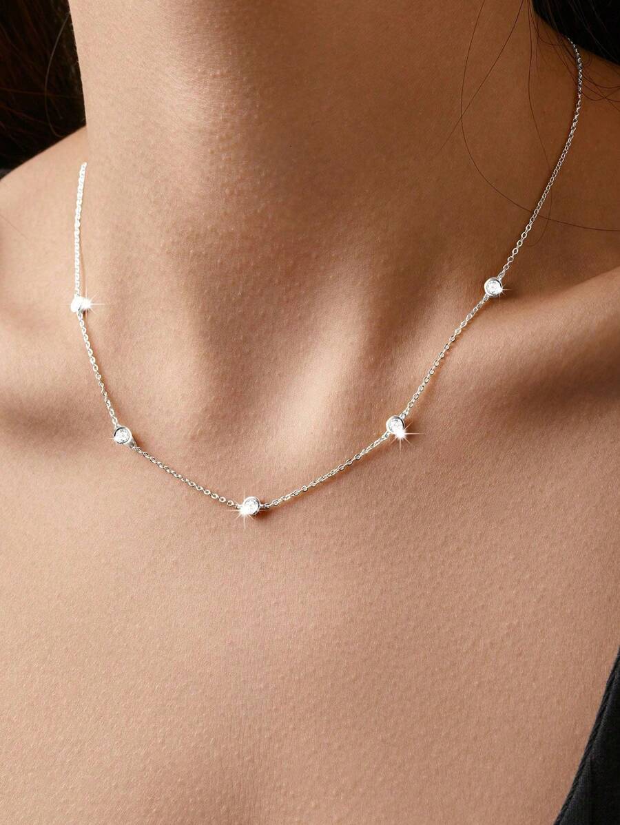 1pc 925 Silver Elegant Personal Single Zirconia Stone Necklace Chain, Suitable For Daily Wear