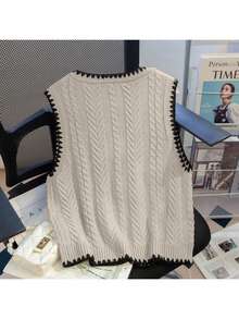 Women's Casual Hand-Crocheted V-Neck Cable Twist Chest Tie Front Knitted Sweater Vest
