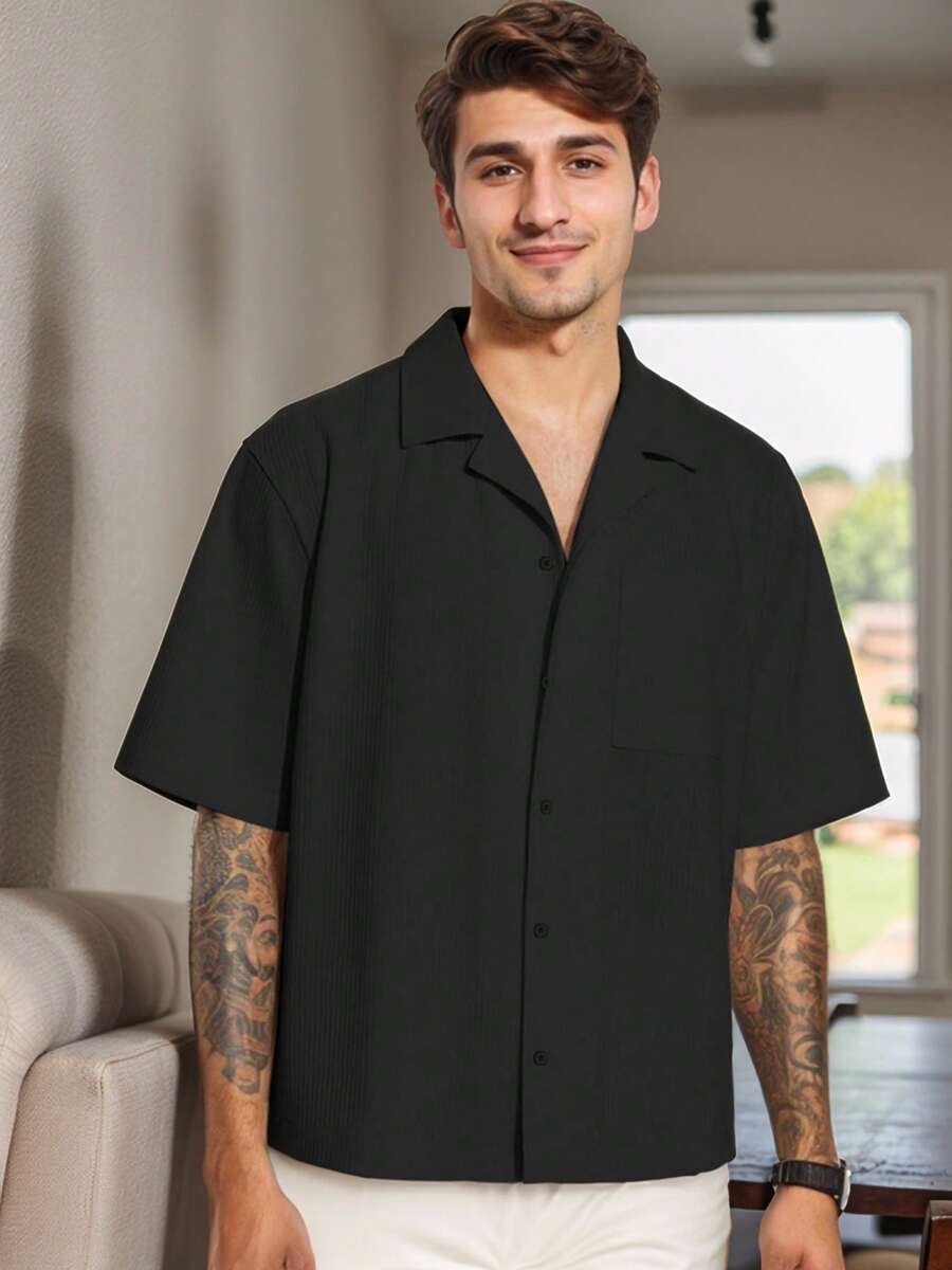 tooluck Men's Short Sleeve Dress Shirts Stretch Casual Button Down Shirts Solid Formal Shirt - 黑色 - 查看 1
