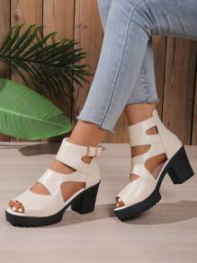 Women's Thick Heel Peep Toe Hollow Back Zipper Fashion Party Wear Chunky Heel Sandals - Beige - View 4