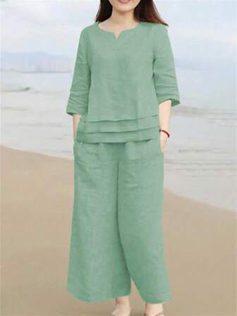 Women's Solid V-Neck Mid-Sleeve Slim Fit Top And Long Pants Linen 2 Pieces Casual Set, Spring/Summer/Autumn