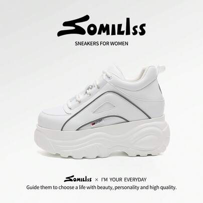 somiliss 1 Pair Women's Casual Lace-Up Sneakers, New 2025 Autumn/Winter Fashion Low-Top Thick-Sole Comfortable Walking Shoes, Faux Leather, 8cm Height Increase, Outdoor Sports, White