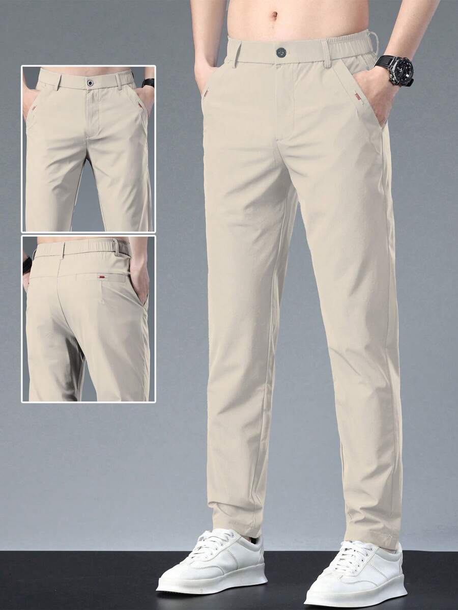 Men's Solid Color Pocketed Casual Tapered Pants - Apricot - View 1