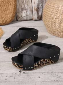 Sandal đế xuồng mùa hè dành cho nữ với quai chéo, họa tiết da báo, hở mũi, kiểu dáng thời trang thường ngày, phụ kiện cần thiết khi đi du lịch. - màu đen - Xem 5