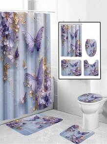 1/4pcs Artistic Floral & Butterfly Pattern Printed Waterproof Shower Curtain Set, Modern Minimalist Daily Elements, Bathroom Decor With 12 Hooks, Toilet Mat, Bathtub Curtain, Polyester Fabric, Machine Washable, Suitable As Gift For Hotel, Apartment, Home - Multicolor - View 2