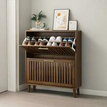 Shoe Storage Cabinet With 2 Flip Louvered Drawers, Slim Shoe Organizer Rack With Golden Handles, Freestanding Hidden Entryway Shoe Cabinet  For Hallway, Walnut - Walnut - View 1
