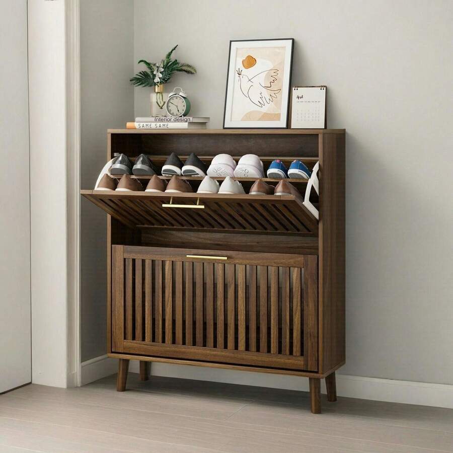 Shoe Storage Cabinet With 2 Flip Louvered Drawers, Slim Shoe Organizer Rack With Golden Handles, Freestanding Hidden Entryway Shoe Cabinet  For Hallway, Walnut - Walnut - View 1