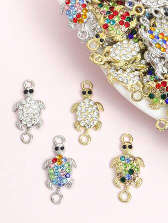 10 件精美闪亮水钻镶嵌海龟吊坠连接器，海洋动物乌龟造型合金饰物，双挂，适用于 DIY 独特个性化手链脚链钥匙扣 - 海洋风格珠宝创意工艺品制作必备配件