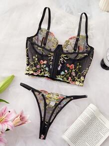 女士亲肤刺绣花卉性感成熟内衣套装 - 黑色 - 查看 3