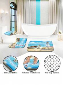1 pièce/4 pièces Rideau de douche décoratif multifonction imperméable représentant un paysage marin avec phare, mouettes et bateau, avec 12 crochets, tapis de bain antidérapant, abattant de toilette en U, ensemble de salle de bain pour toutes les occasions, rentrée scolaire