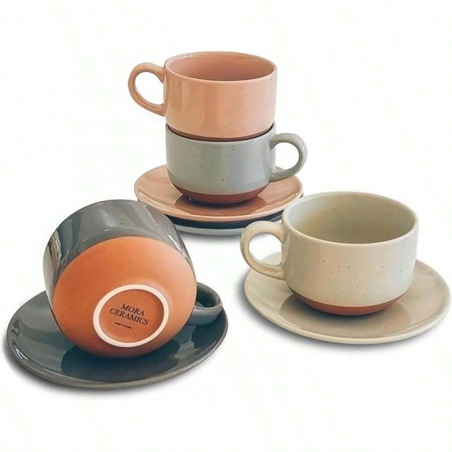 Mora Ceramics 8oz Cappuccino Mug Set Of 4 - Ceramic Coffee Cups With Saucers - Microwave And Dishwasher Safe, Tea, Espresso, Latte - Porcelain Mugs Kitchen Or Cafe - Assorted Neutrals