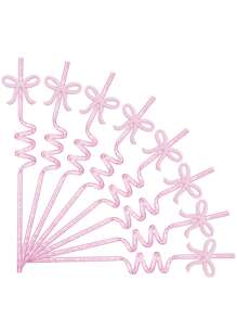 10 件装可爱闪亮蝴蝶结形塑料吸管，防烫伤，带蝴蝶结装饰的弯曲吸管，可重复使用的透明吸管，适用于冰茶、果汁、牛奶、鸡尾酒、冷饮、日常饮酒和工艺品、生日派对、婚礼、周年派对装饰派对用品家居用品 - 粉色 - 查看 1