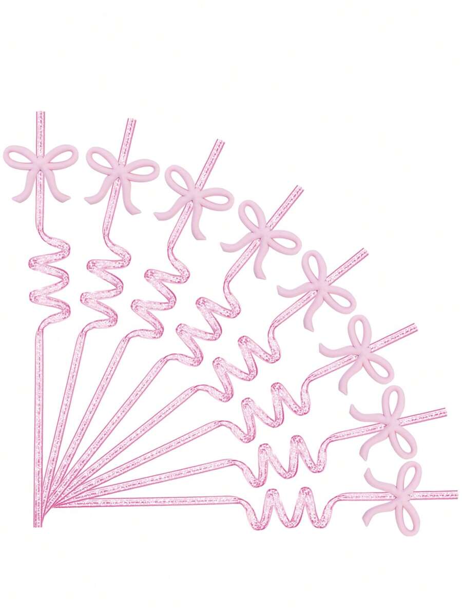 10 件装可爱闪亮蝴蝶结形塑料吸管，防烫伤，带蝴蝶结装饰的弯曲吸管，可重复使用的透明吸管，适用于冰茶、果汁、牛奶、鸡尾酒、冷饮、日常饮酒和工艺品、生日派对、婚礼、周年派对装饰派对用品家居用品 - 粉色 - 查看 1