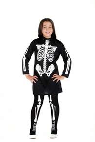 Ciao Skeleton Girl Costume Disguise Fancy Dress Dress (Size 7-9 Years) With Printed Pantyhose