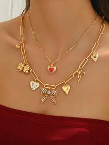 1pc Unique Fashion 18K Gold Plated Metal Fully Rhinestone Bowknot Heart Floral Pendant Necklace For Women, Can Be Purchased As 1pc Or 2pcs Set With Multiple Pendants, Suitable For Party, Wedding, Holiday Occasions And As A Gift