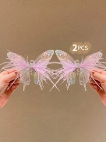 2pcs Girls' Elegant Crystal Butterfly Hair Clips - Green - View 3