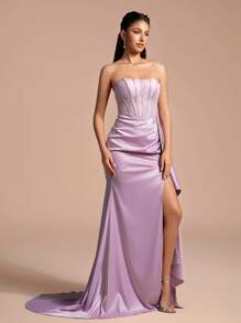 Romantica Frauen elegantes, sexy Spitzen-Patchwork, Fischgräten-Patchwork, rüschenbesetzter Fischschwanz-Abendkleid, geeignet für Ballsaal, Party, Bankett - Mauve - Übersicht 5