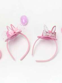 1pc Party Makeup Prop Kids & Adults Pink Glitter Rabbit Headband Hair Hoop Costume Accessories Halloween - Pink - View 1