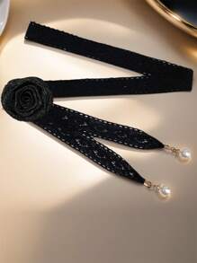 1pc Camellia Lace Faux Pearl Pendant Waist Chain, Girl's Versatile Dress Shirt Floral Belt, Adjustable Knotted Waist Rope - one-size - View 3