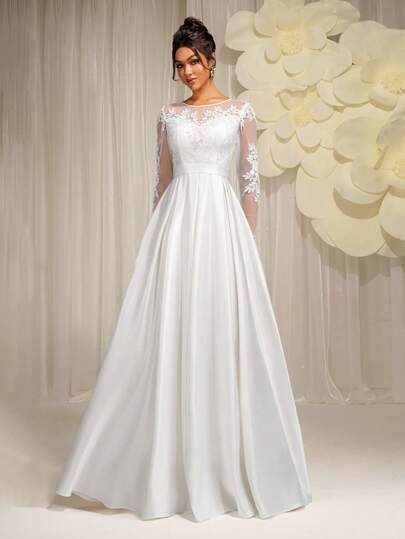 EVERLYL Vestido de novia de línea A con escote corazón, panel de satén, cuello redondo y aplicaciones de encaje