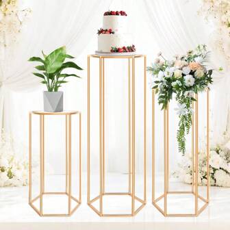 1pc Gold Hexagon Shelving Unit, Metal Cylinder Hexagonal Base For Flower Display Stand, Vase Pedestal, Birthday Party, Wedding Decor, Exhibition Backdrop