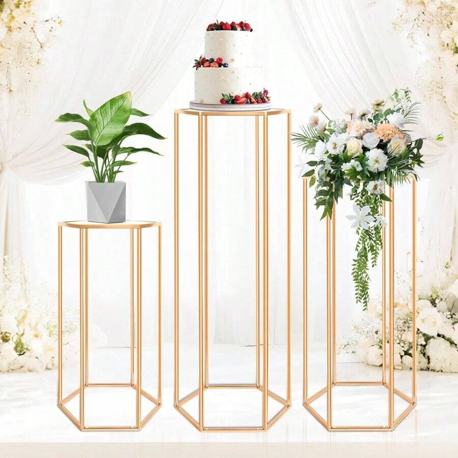 1 pieza Estantería hexagonal dorada, base cilíndrica de metal hexagonal para soporte de exhibición de flores, pedestal de jarrón, decoración de fiesta de cumpleaños, boda, telón de fondo de exposición