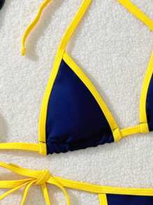 Traje de baño de bikini sexy y de moda de tanga con cintura alta de unicolor y contraste para playa, fiesta y vacaciones - Amarillo - Ver 2