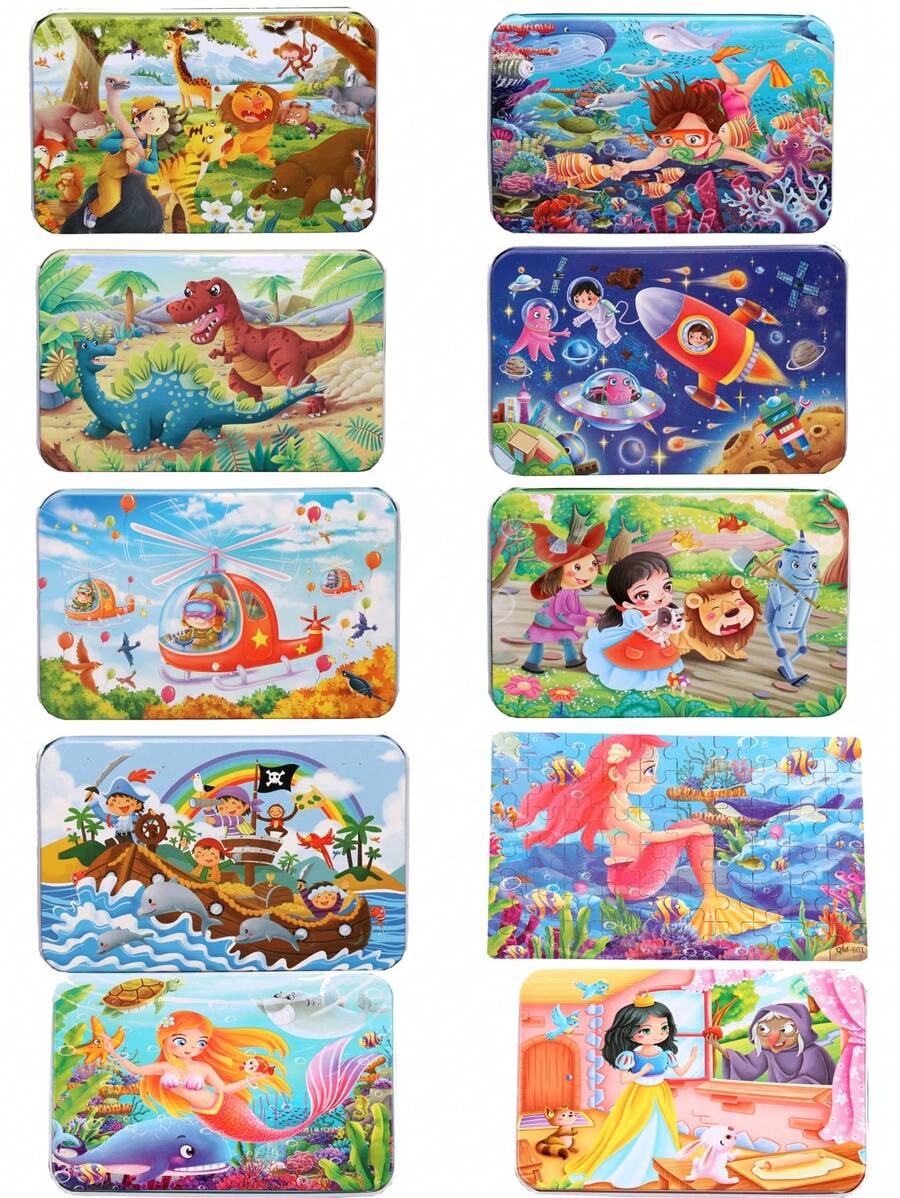 1 PIEZA Rompecabezas de madera infantil con 60 piezas en caja de hierro. Rompecabezas de avión de dibujos animados para la educación temprana de niños de 3 a 6 años. Juguete que ayuda a desarrollar la coordinación mano-ojo, la prensión, la concentración y el pensamiento de los niños. Adecuado para juguetes de rompecabezas de interacción entre padres e hijos.
