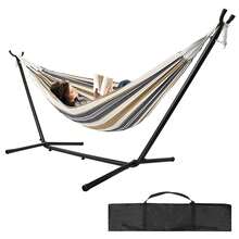GCCSJ Double Hammock With Steel Stand,Double Hammock With 9FT Steel Stand - 450 LBS Heavy-Duty Weather-Resistant Hammock For 2 Adults, Portable Backyard Camping Hammock With Carry Case & Easy Setup, Striped Outdoor Hammock For Patio, Deck & Travel (2-Person Size) - Beige - View 8