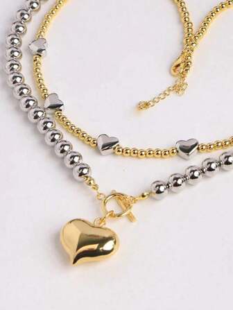 2pcs Set Exaggerated Ball Design Necklace, Stainless Steel Heart Pendant Necklace For Women Valentines,Mom,Mother,Mother's Day,Gift