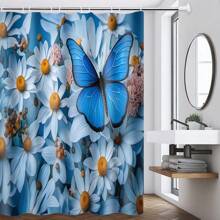 1/4pcs Artistic Floral & Butterfly Pattern Printed Waterproof Shower Curtain Set, Modern Minimalist Daily Elements, Bathroom Decor With 12 Hooks, Toilet Mat, Bathtub Curtain, Polyester Fabric, Machine Washable, Suitable As Gift For Hotel, Apartment, Home - Multicolor - View 15
