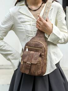 Retro Multi Pockets Chest Bag Soft Pu Leather Crescent Bag Motorcycle Sling Backpack - Brown - View 3