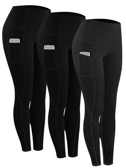 Set de 3 pantalones de yoga de cintura alta con bolsillos, mallas ajustadas de compresión para atletismo, fitness y running
