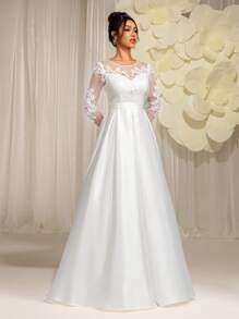 EVERLYL 蕾丝贴花装饰圆领缎面拼接甜心A字型婚纱 - 白色 - 查看 5